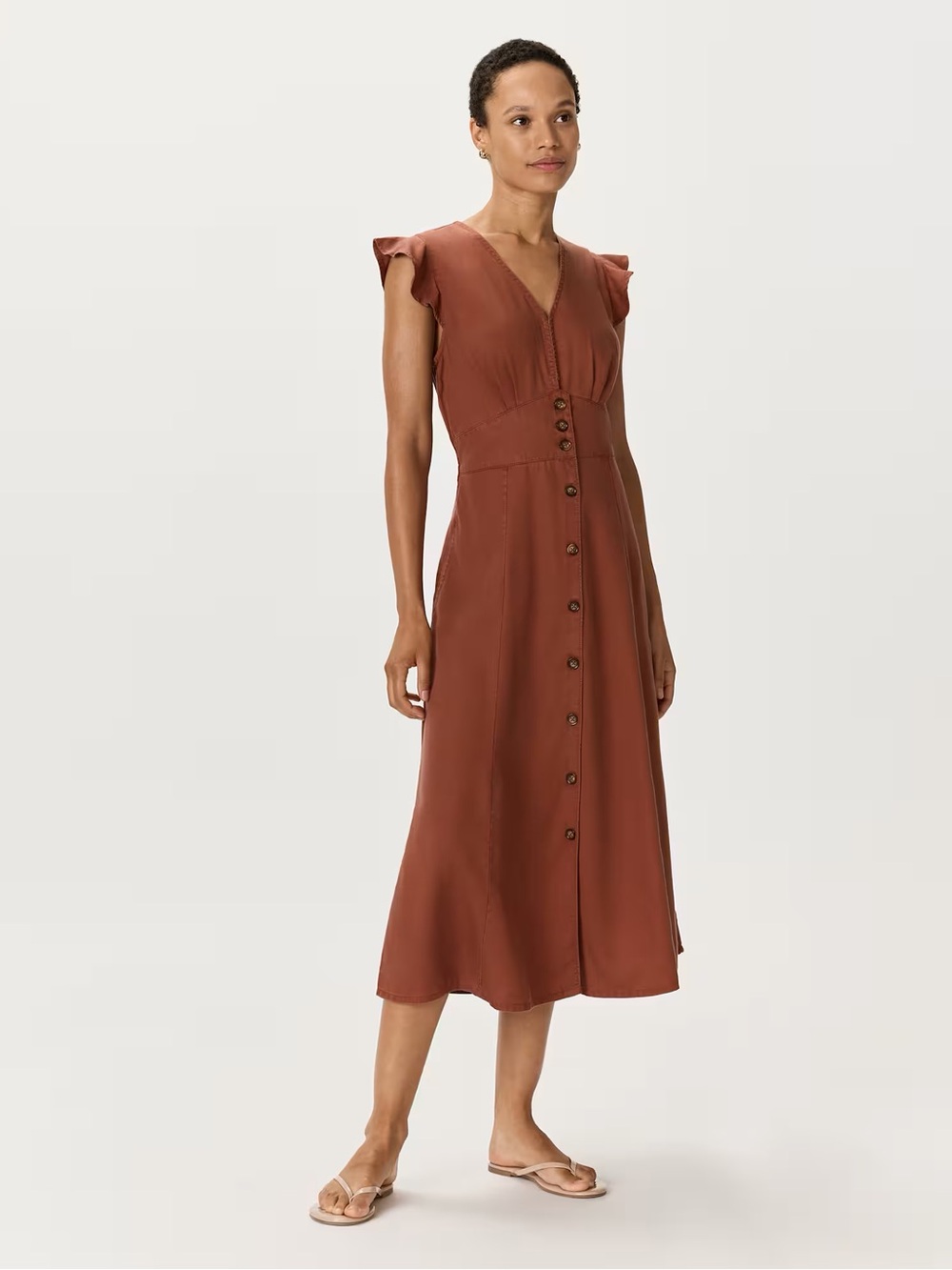 Quince Vintage Wash Tencel Button Front Midi Dress Terracotta XS